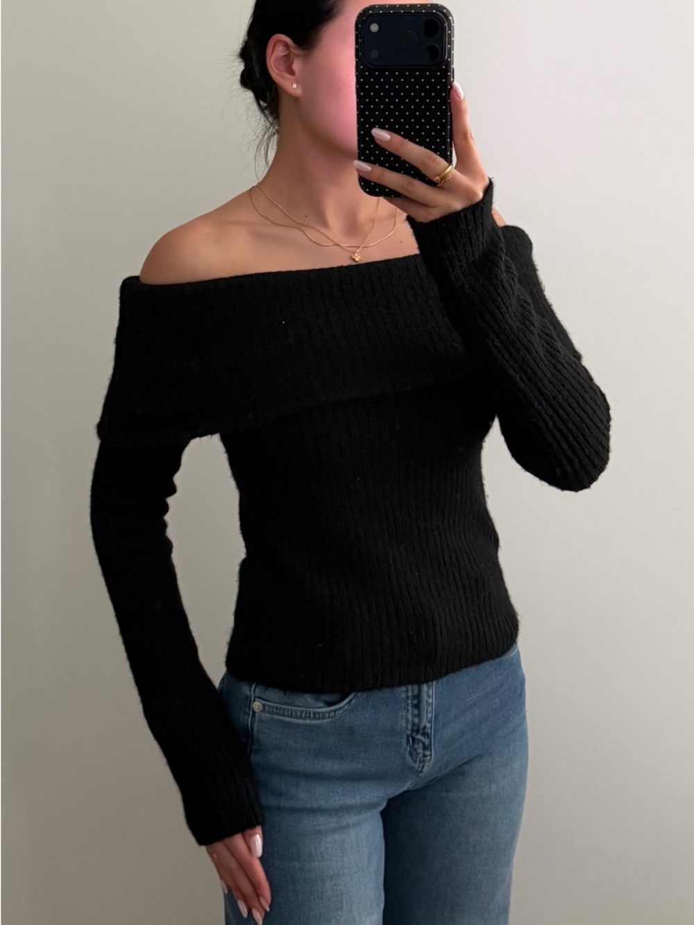H&M Black Off-the-Shoulder Ribbed Sweater